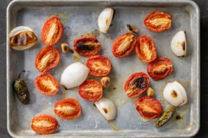 Roasted veggies on a baking sheet.