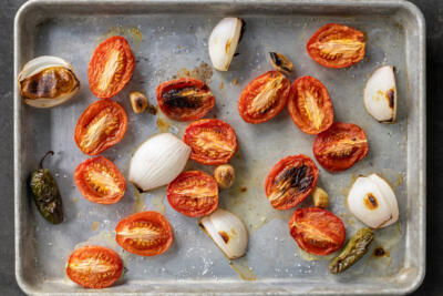 Roasted veggies on a baking sheet.