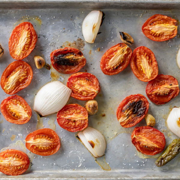 Roasted veggies on a baking sheet.