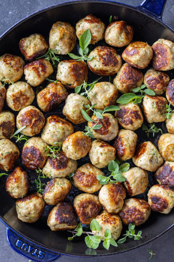 Turkey Zucchini Meatballs in a serving pan.