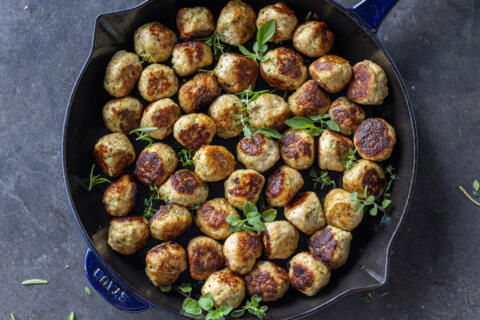 Serving pan with Turkey Zucchini Meatballs.