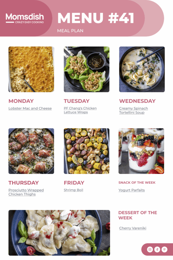 Weekly Menu items for all week.