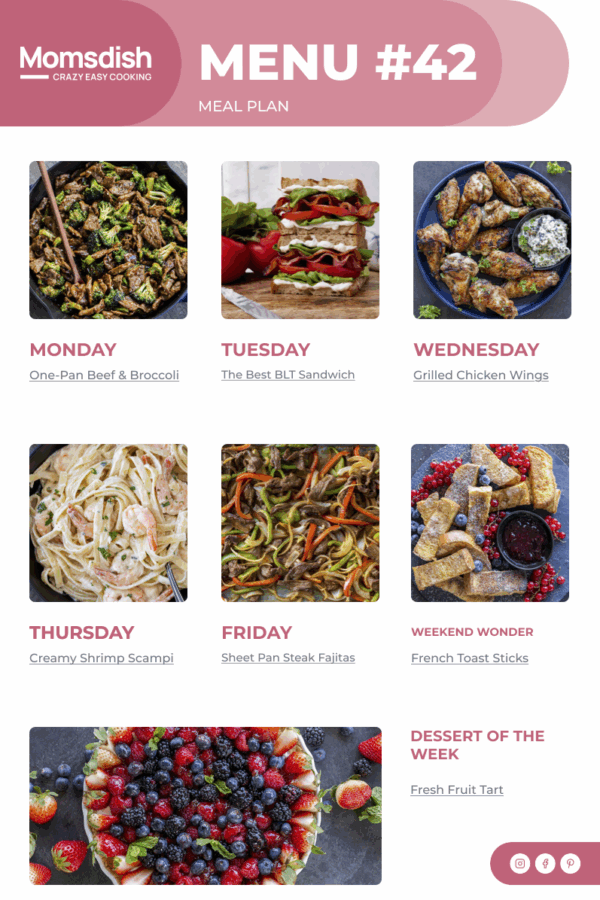 Weekly Menu items for all week.