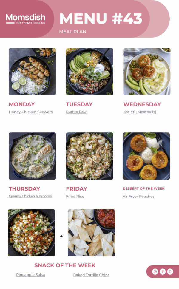 Weekly Menu items for all week.