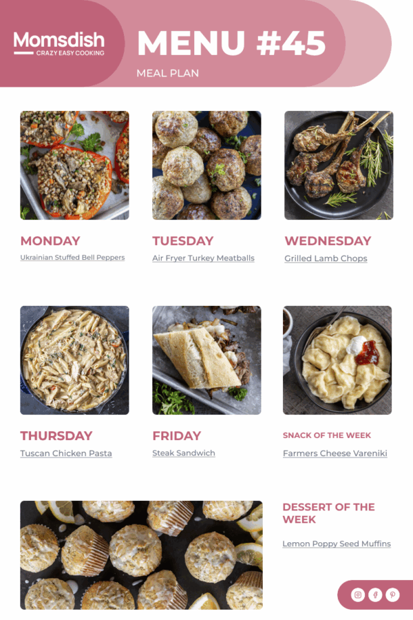 Weekly Menu items for all week.