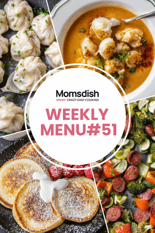 Images of four different dishes with writing in the center.
