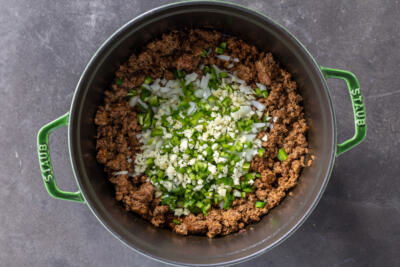 Beef, onion, jalapeno and chili seasoning.