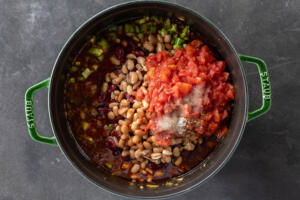 Beef and Bean Chili ingredients all in one pot.