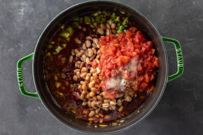 Beef and Bean Chili ingredients all in one pot.