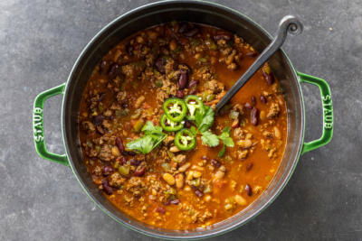 A pot with Beef and Bean Chili.