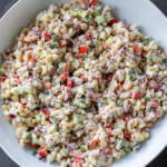 A bowl with Creamy Tuna Pasta Salad.