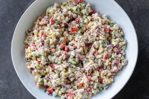 A bowl with Creamy Tuna Pasta Salad.