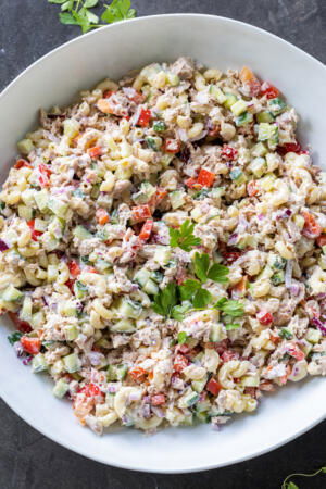 Plated Creamy Tuna Pasta Salad.