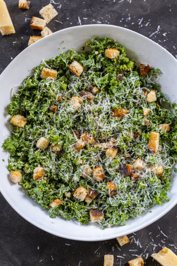Kale Caesar Salad in a bowl. 