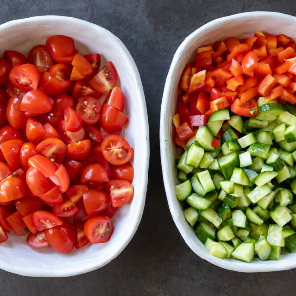 Diced up tomato, bell pepper and cucumber.