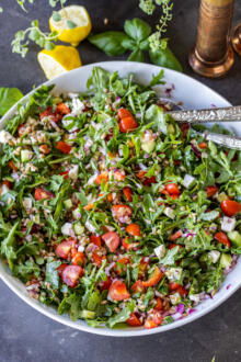 Mediterranean Farro Salad in a serving bowl.