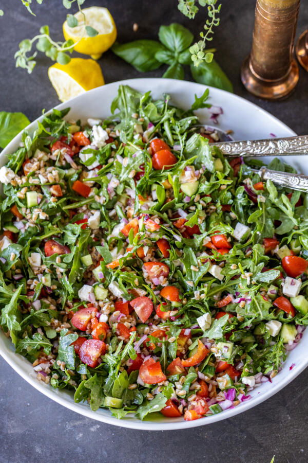 Mediterranean Farro Salad in a serving bowl. 