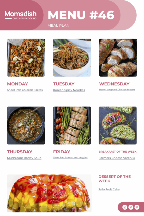 Weekly Menu items for all week.