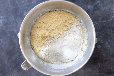 Bubbly dough starter with flour added.