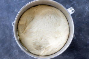 Dough in a mixing bowl that has doubled.