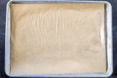 Lined baking sheet.