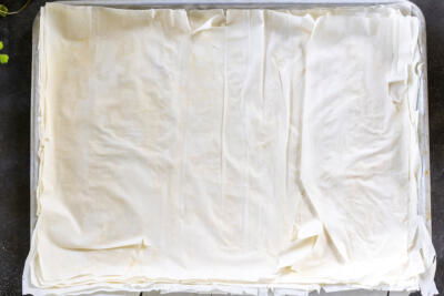 Phyllo dough on a baking sheet.