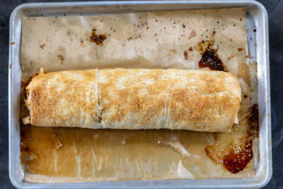 Apple Strudel on a baking sheet.
