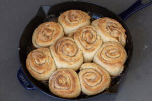 Baked Cottage Cheese Cinnamon Rolls in a pan.
