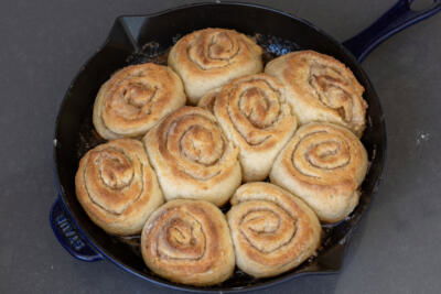 Baked Cottage Cheese Cinnamon Rolls in a pan.