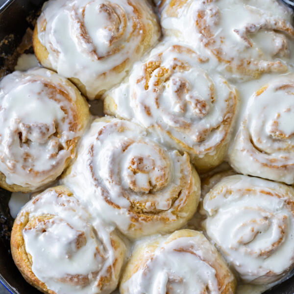 Serving pan with Cottage Cheese Cinnamon Rolls.