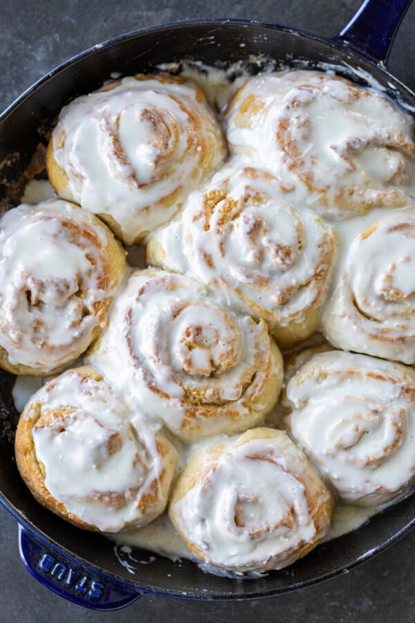 Serving pan with Cottage Cheese Cinnamon Rolls.