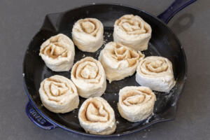 Cottage Cheese Cinnamon Rolls in a pan before baking.