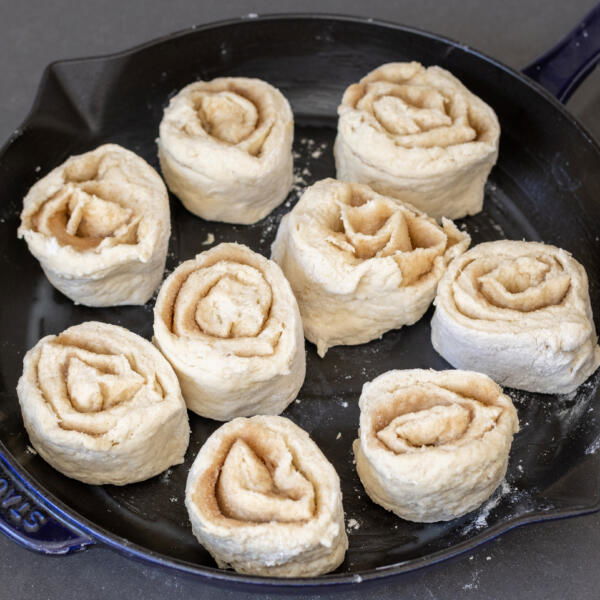 Cottage Cheese Cinnamon Rolls in a pan before baking.