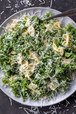 Kale Pasta Caesar Salad on a serving plate.
