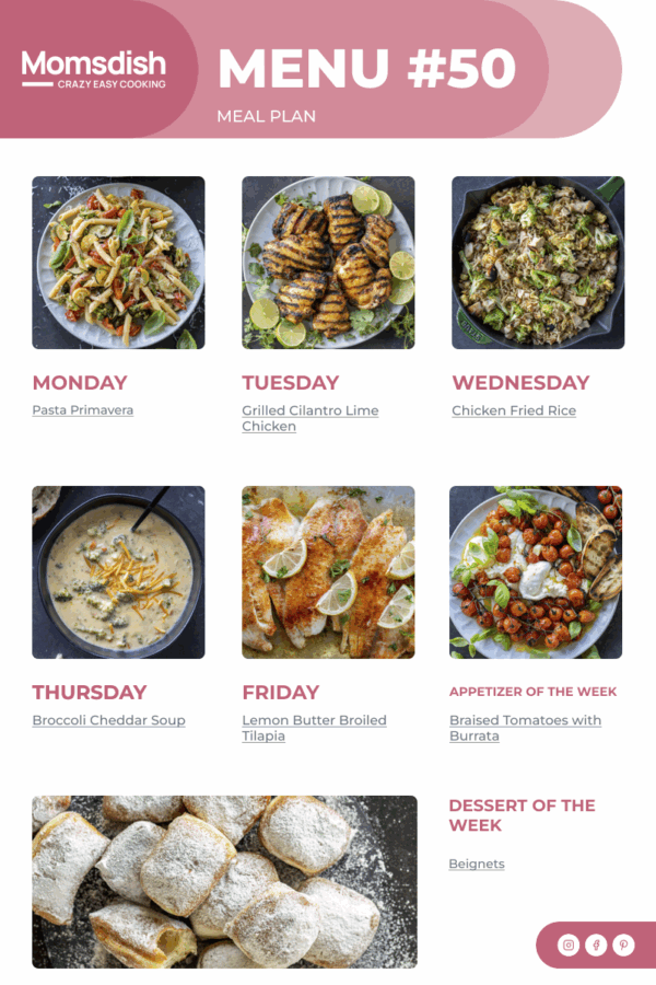 Weekly Menu items for all week.