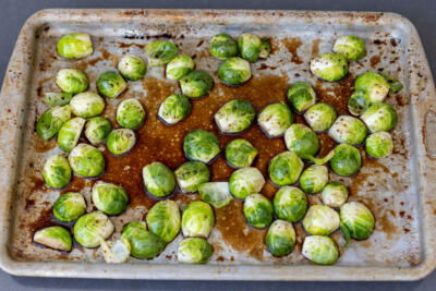 Balsamic Brussels Sprouts on a baking sheet.