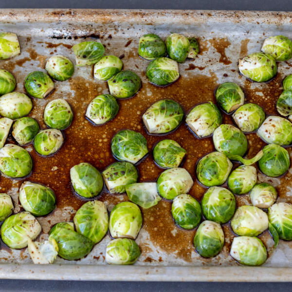 Balsamic Brussels Sprouts on a baking sheet.
