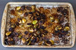 Balsamic Brussels Sprouts on a baking sheet.
