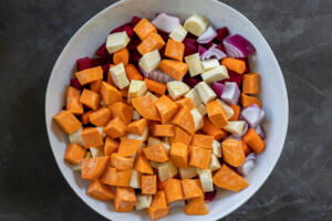 Cut up veggies in a bowl.