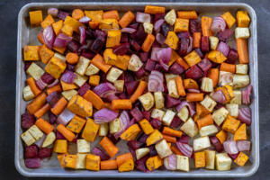 Roasted Root Veggies on a baking sheet.