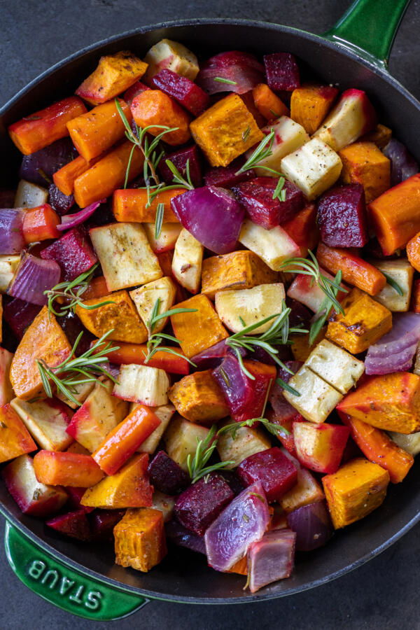 Roasted Root Veggies in a serving pan.
