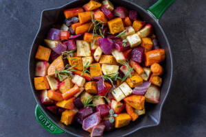 Serving pan with Roasted Root Veggies.