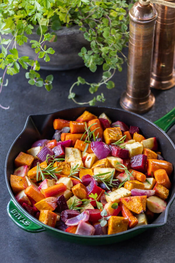 Roasted Root Veggies in a serving dish.