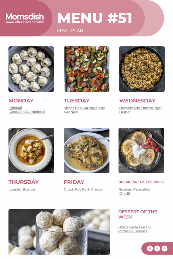Weekly Menu items for all week.