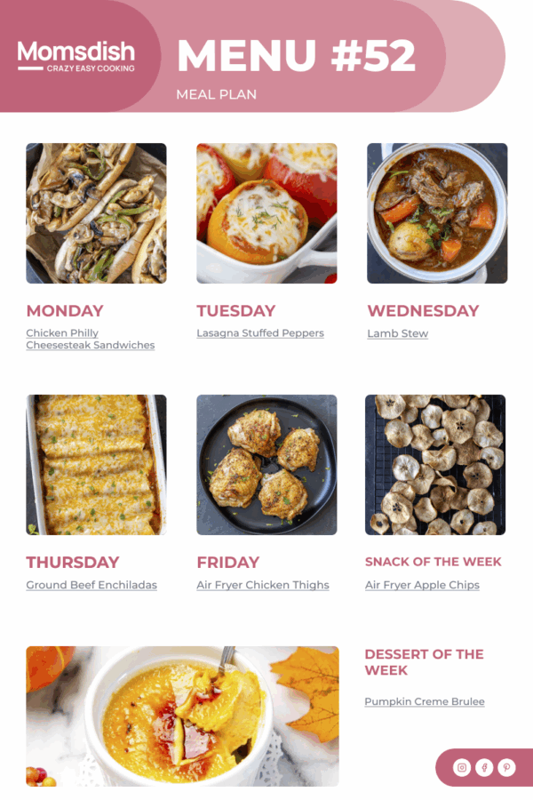 Weekly Menu items for all week.