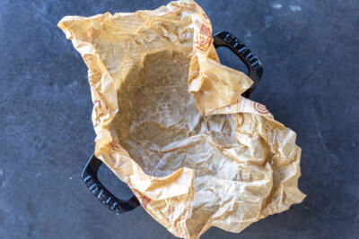 Lined baking pan with parchment paper.