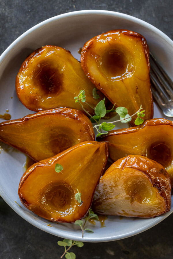 Baked Pears in a serving plate. 