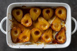 Baked Pears in a baking pan.