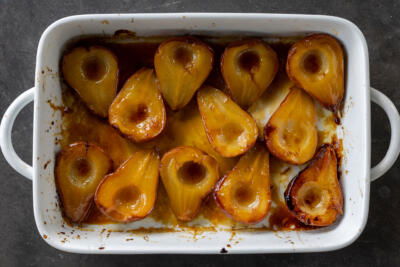 Baked Pears in a baking pan.
