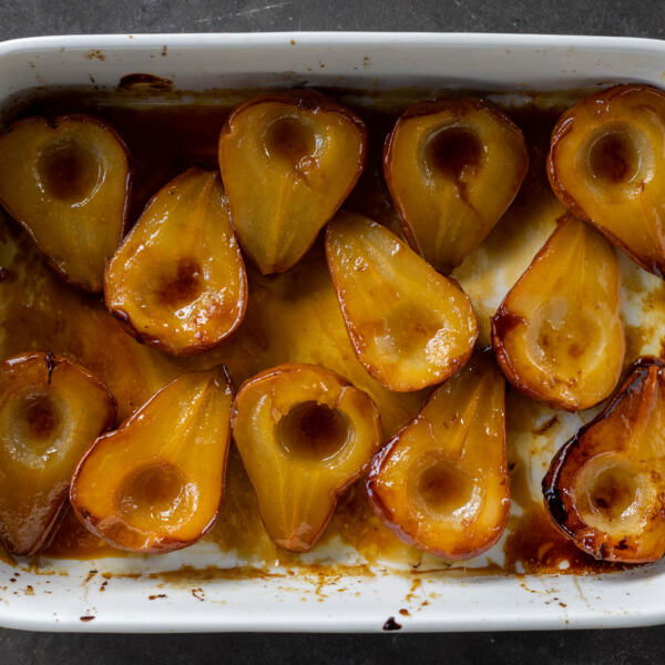 Baked Pears in a baking pan.